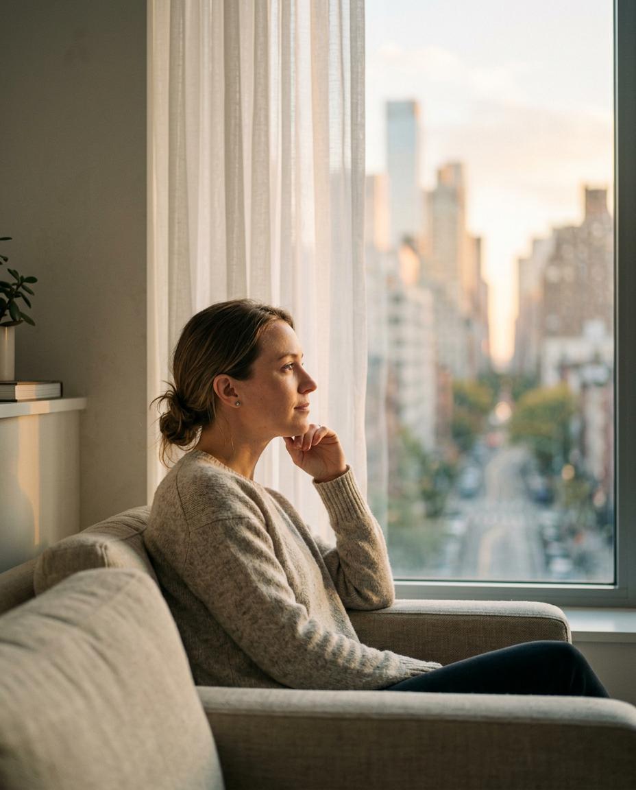 A woman sitting by a sunlit window in a quiet New York apartment at morning