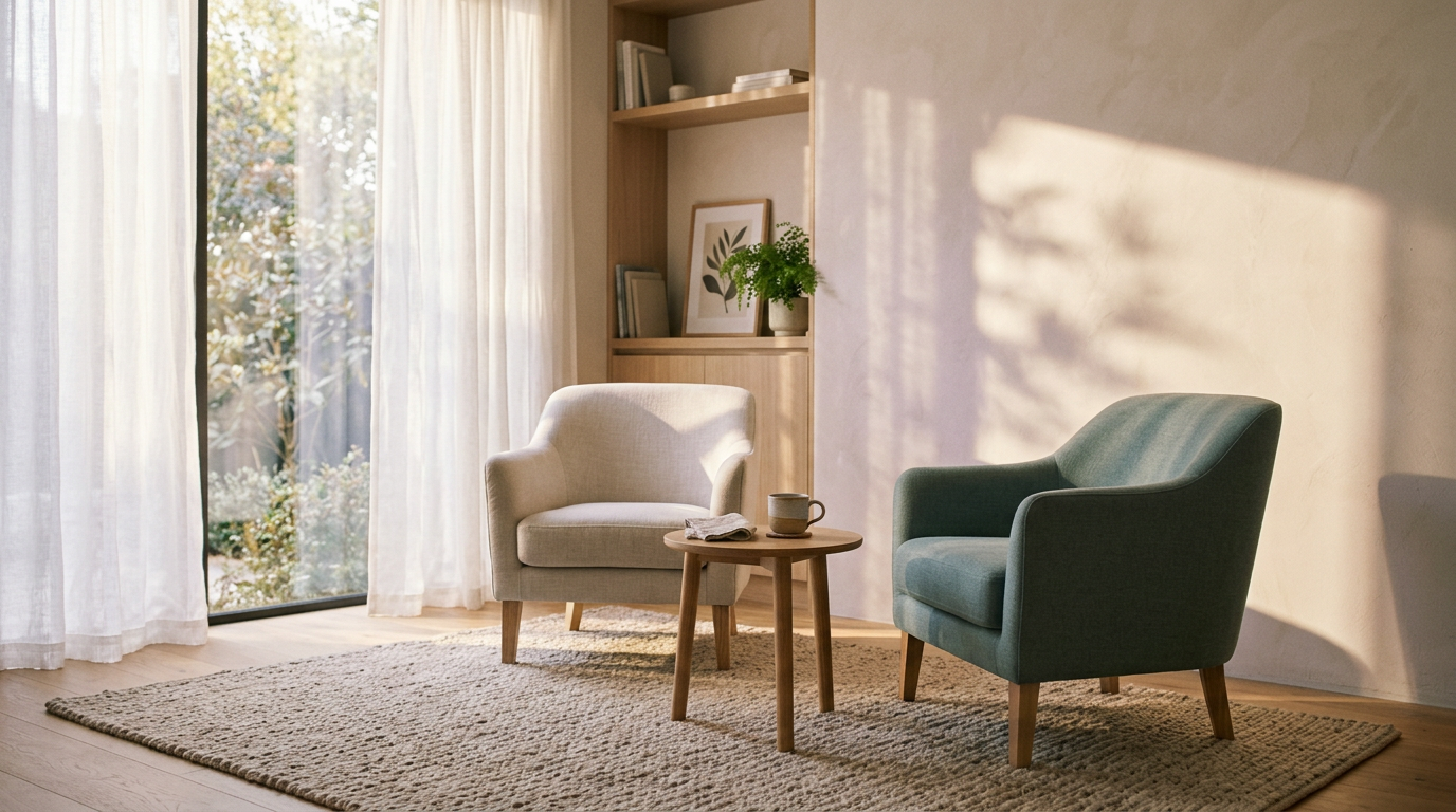 A quiet room with morning light falling across a pale wall
