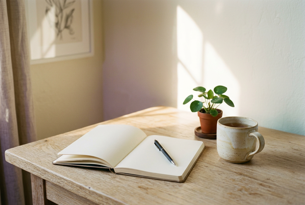 A notebook, pen and cup on a sunlit wooden desk