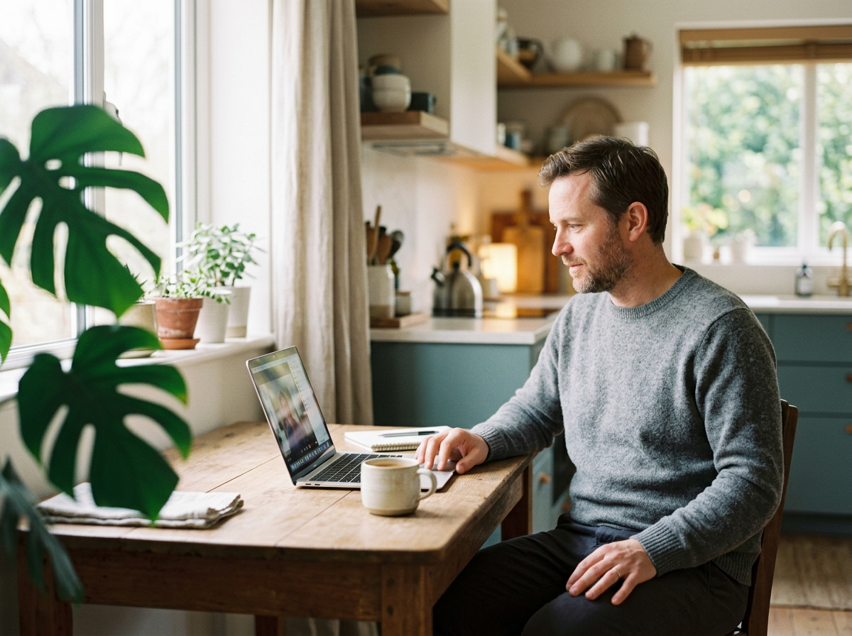 A man at a sunlit kitchen table during a telehealth appointment at home